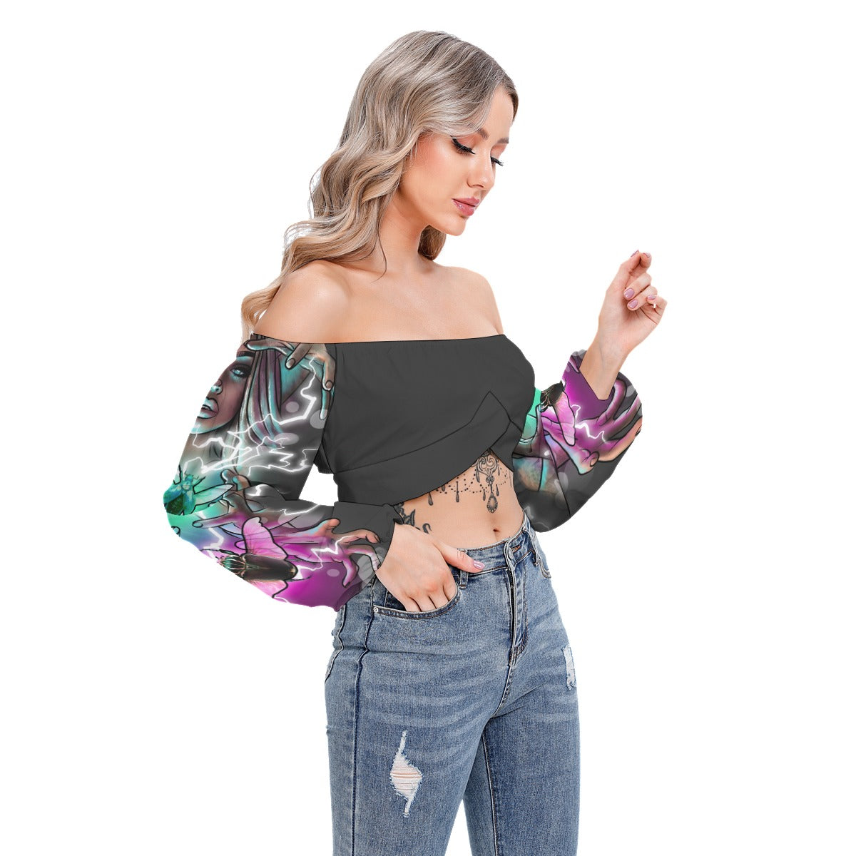 All-Over Print Women's Cropped Tube Top With Long Sleeve