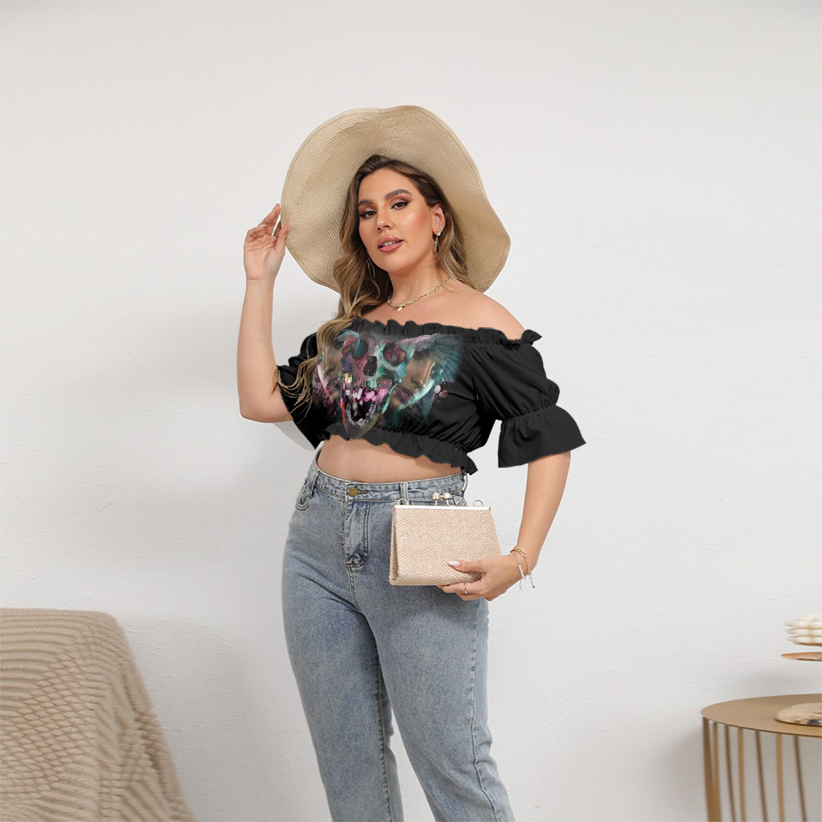 All-Over Print Women's Off-shoulder Cropped Top With Short Puff Sleeve