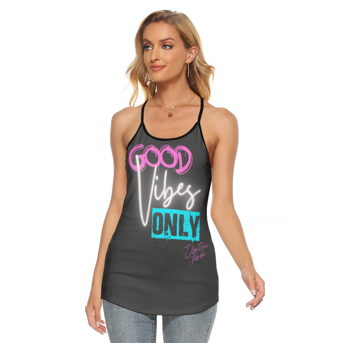 All-Over Print Women's Criss-Cross Open Back Tank Top - Electric Linda