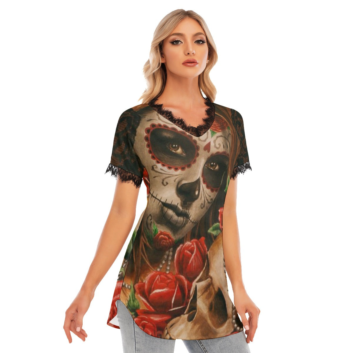 All-Over Print Women's Lace Collar Long T-shirt