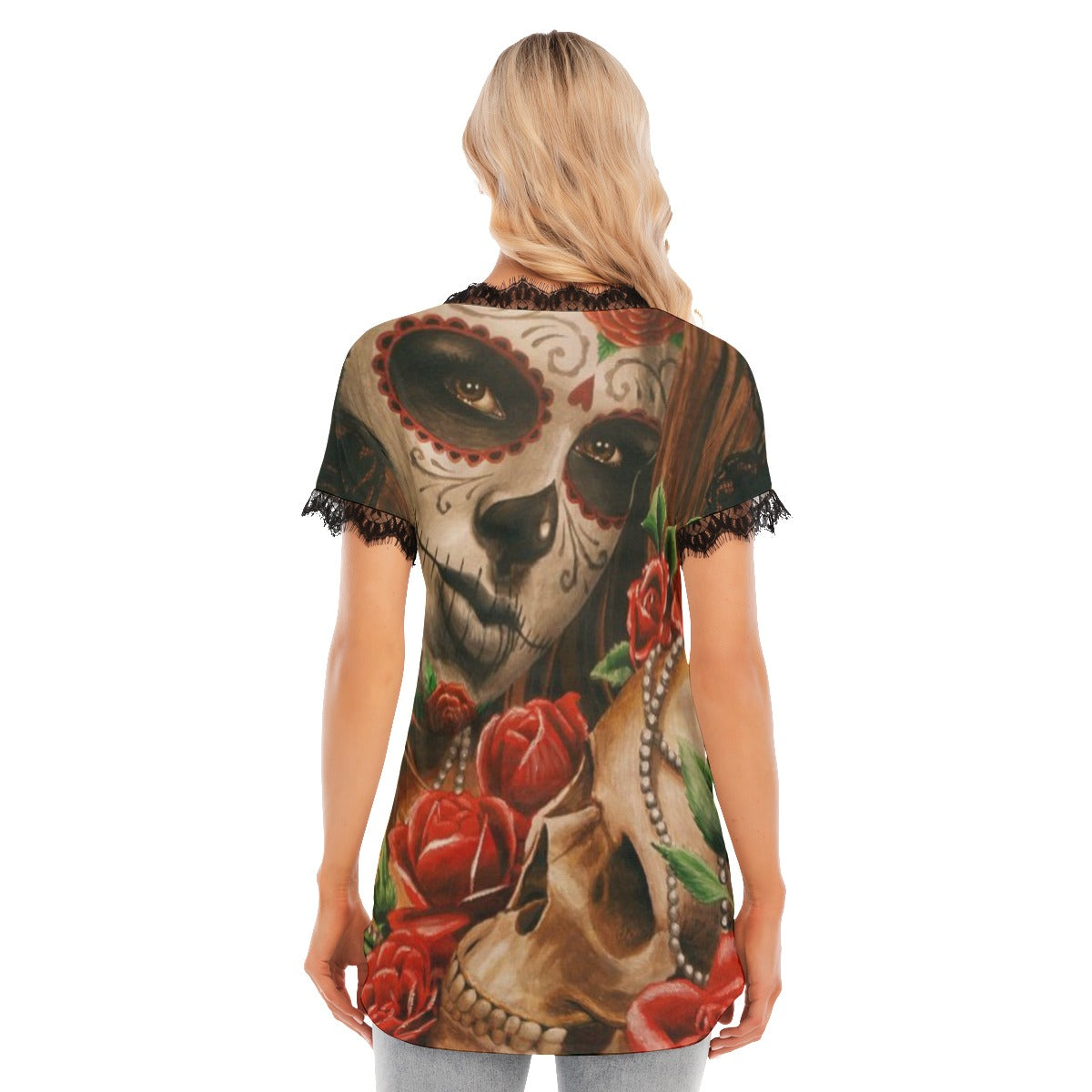 All-Over Print Women's Lace Collar Long T-shirt