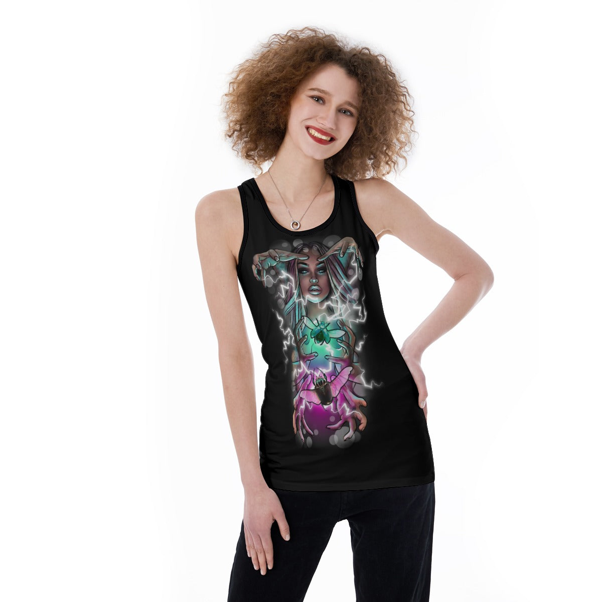 All-Over Print Women's Back Hollow Tank Top - Electric Linda