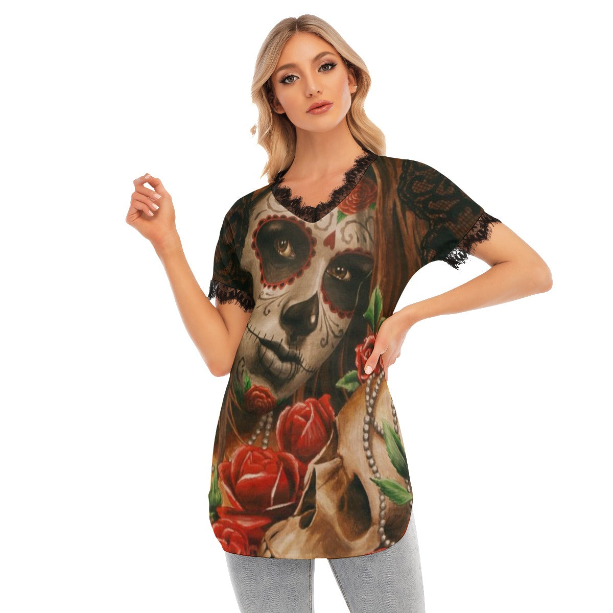 All-Over Print Women's Lace Collar Long T-shirt - Electric Linda