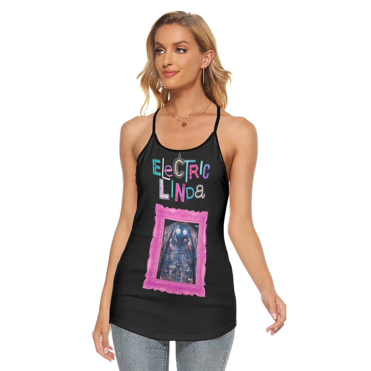 All-Over Print Women's Cut-out Rhombus Back Cami Tank Top - Electric Linda