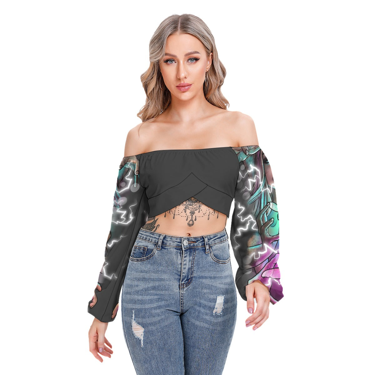 All-Over Print Women's Cropped Tube Top With Long Sleeve - Electric Linda