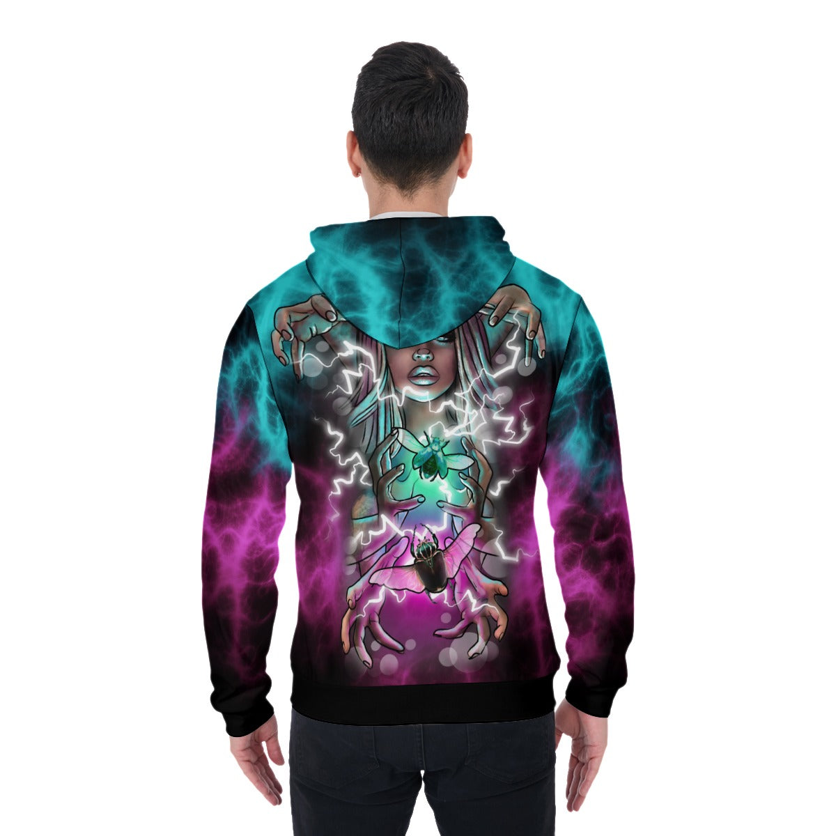 All-Over Print Zip Up Hoodie With Pocket - Electric Linda